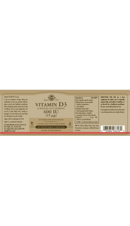 Vitamine D3 (cholécalciférol) Solgar 600 iu 60 Capsules