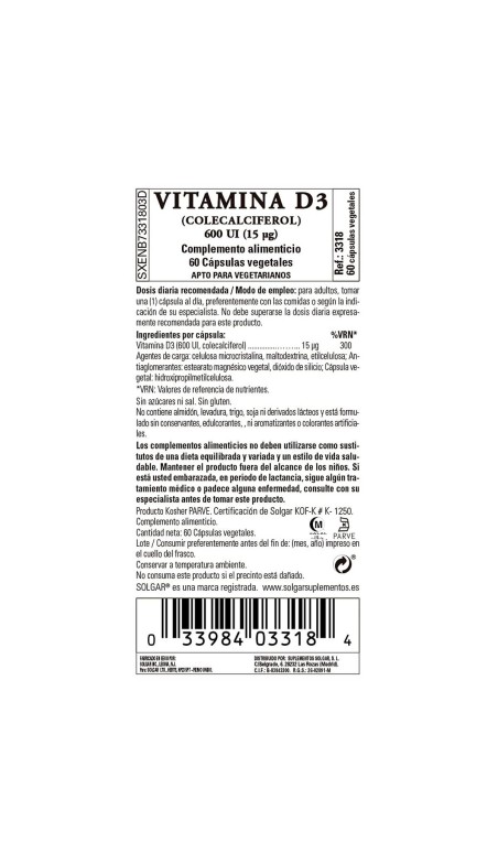 Vitamina D3 (Colecalciferol) Solgar 600 iu 60 Cápsulas