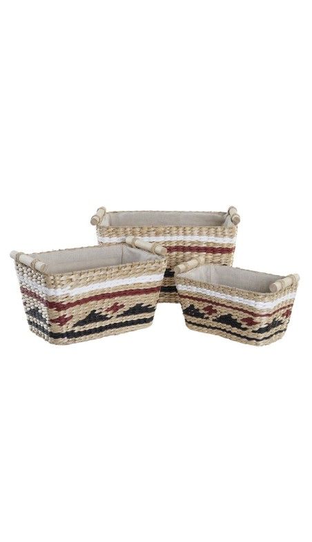 Set de basket DKD Home Decor Blanc Noir Bordeaux Naturel Fibre naturelle 39 x 27 x 24 cm 3 Pièces